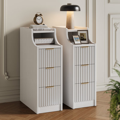 7.8" Fluted Nightstand & Narrow Bedside Table With 3 Drawers Set Of 2