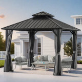 Outdoor Aluminum Hardtop Gazebo with Double Metal Roof and Curtains for Backyard, Garden, Patio