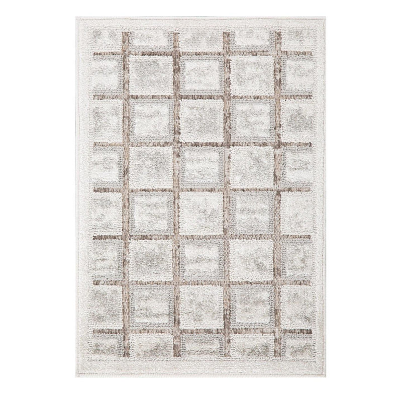 Modern Geometric Grid Area Rug, Mushroom, 2x3