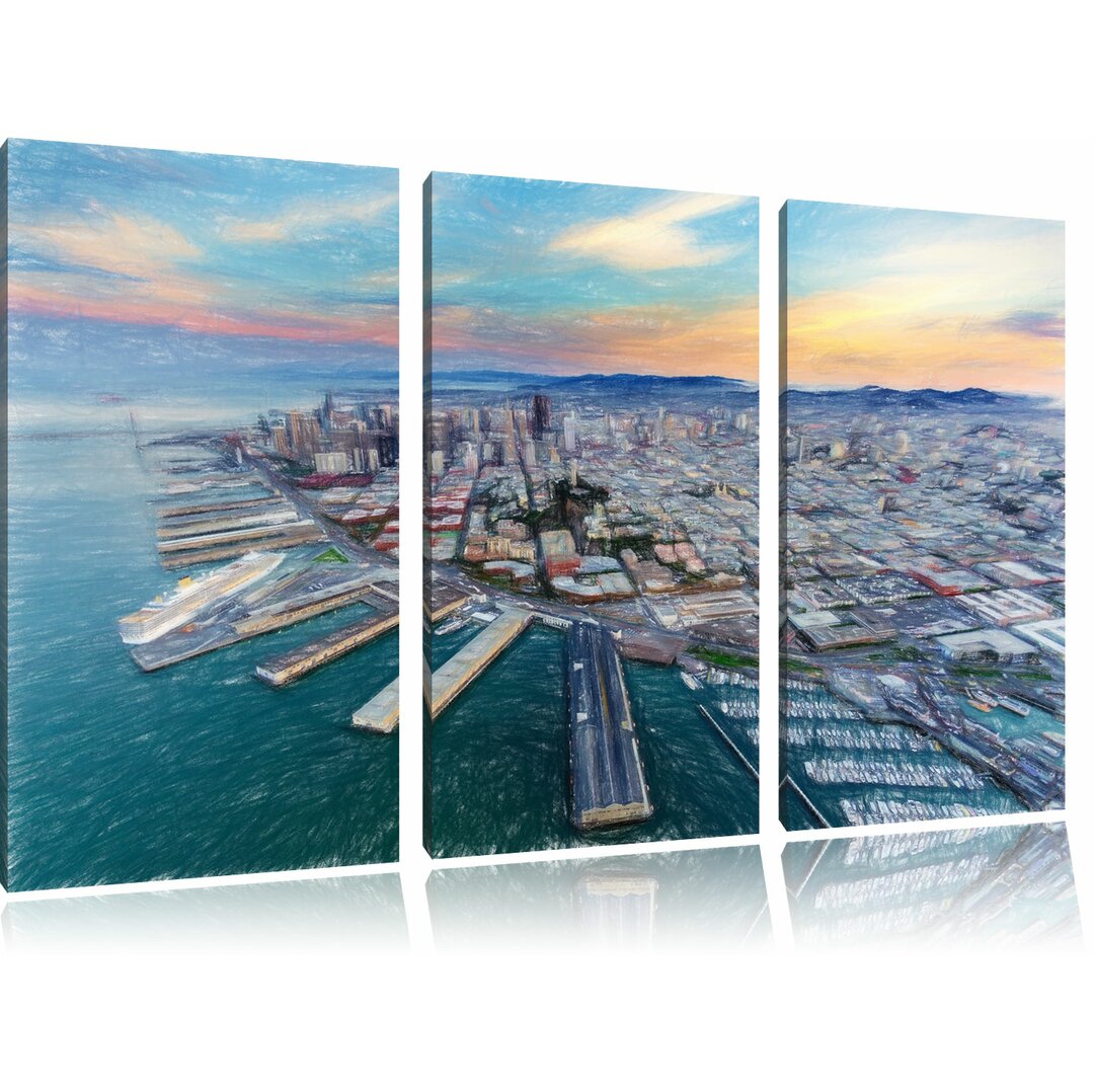 3-tlg. Leinwandbilder-Set „San Francisco bei Sonnenuntergang“, Grafikdruck