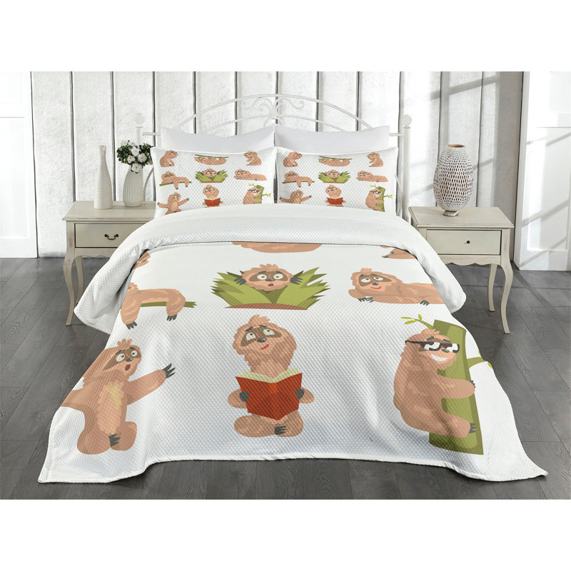 Ambesonne Sloth Bedspread Set Different Posed Animals Pale Brown Green, King Bedspread + 2 Standard Shams