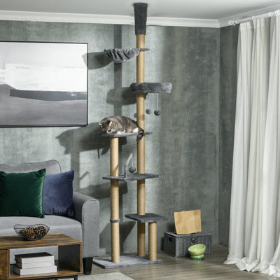 to Ceiling Cat Tree, 90.5" - 98.5" Adjustable Height, Grey