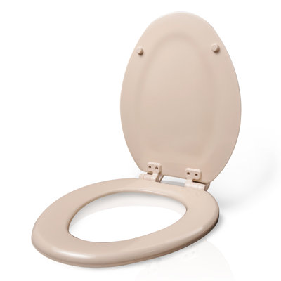 Elongated Toilet Seat with Adjustable Hinges and Easy Removal in Bone Molded Wood, Standard Size Fit