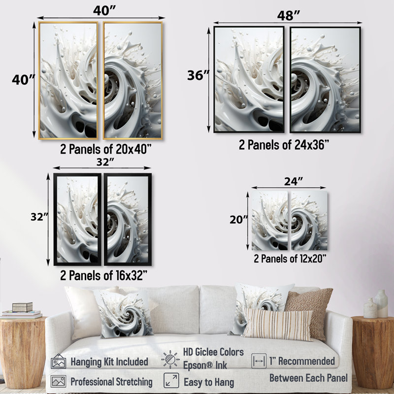 «Liquid bliss tourbillons noir et blanc - spirales abstraites», impression sur toile abstraite blanche 2 pièces
