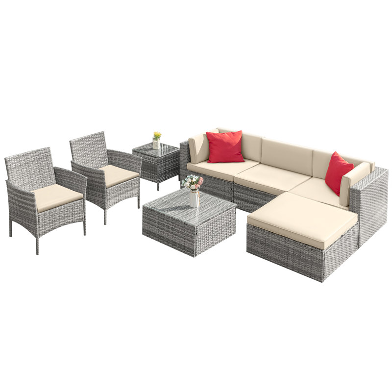 Ensemble de conversation modulaire en rotin 8 pièces avec coussins 8 pièces