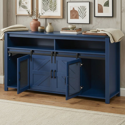 Buffet avec portes coulissantes de style grange, panneaux en treillis métallique, niches de rangement ouvertes et tablette intérieure pour salon