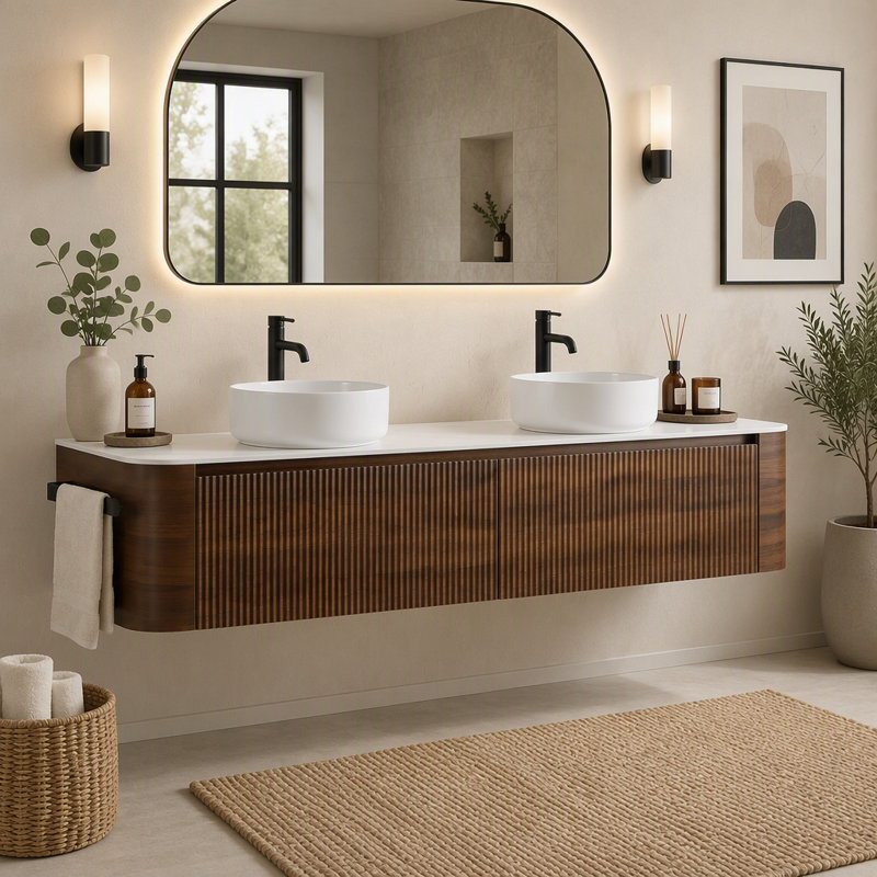 Meuble-lavabo mural double vasque de 183 cm (72 pouces) avec comptoir en pierre frittée, lavabos en céramique blanche et porte-serviettes.