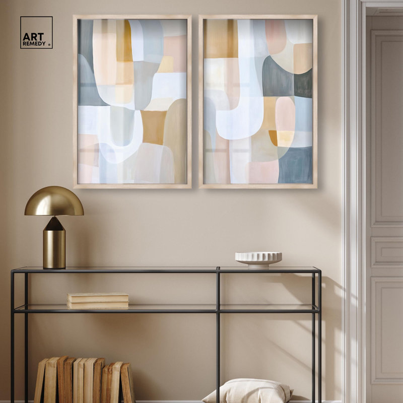 «Serene Blur Duo Shadowbox Print Boho Abstract Art Set» par Art Remedy, cadre blond, 20 x 30, H 31 po x l 21 po, Cadre blond