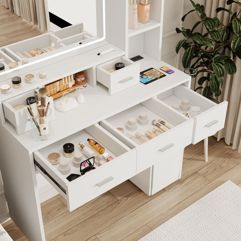 Coiffeuse blanche avec miroir lumineux à DEL 3 couleurs et prise de courant, coiffeuse avec tiroirs, boîte de rangement et tablette, coiffeuse avec tabouret de chambre à coucher
