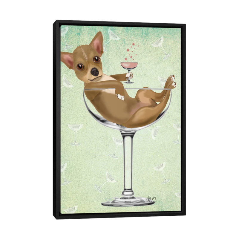«Chihuahua in Cocktail Glass», impression sur toile, H 26 po x l 18 po x P 1,5 po, Toile avec cadre noir, Pas de tapis