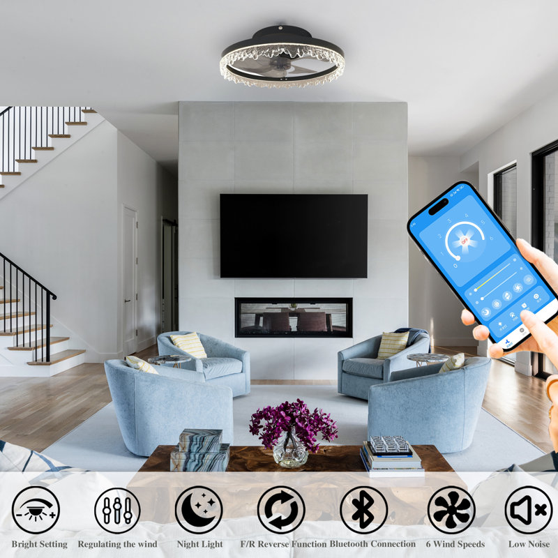 Indoor Flush Mount Ceiling Fan with Light, LED Acrylic Shade, Hidden Blades Ceiling Fan with Remote Control, 15.72 Wide