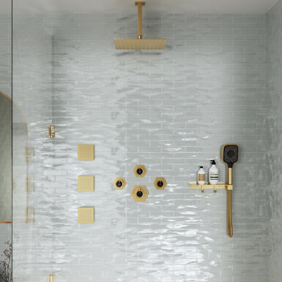 12”Ceiling Mounted Thermostatic Rainfall Shower System with 3 Body Jets and Storage Shelf