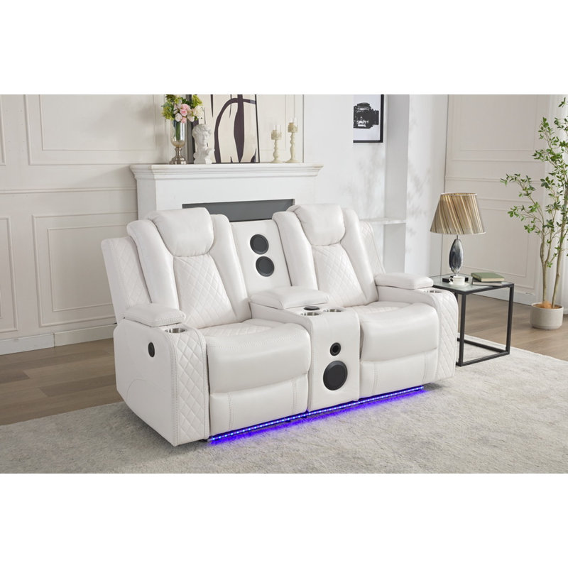 Leather Power Loveseat Recliner Couch with Bass Speakers and LED Lights, White