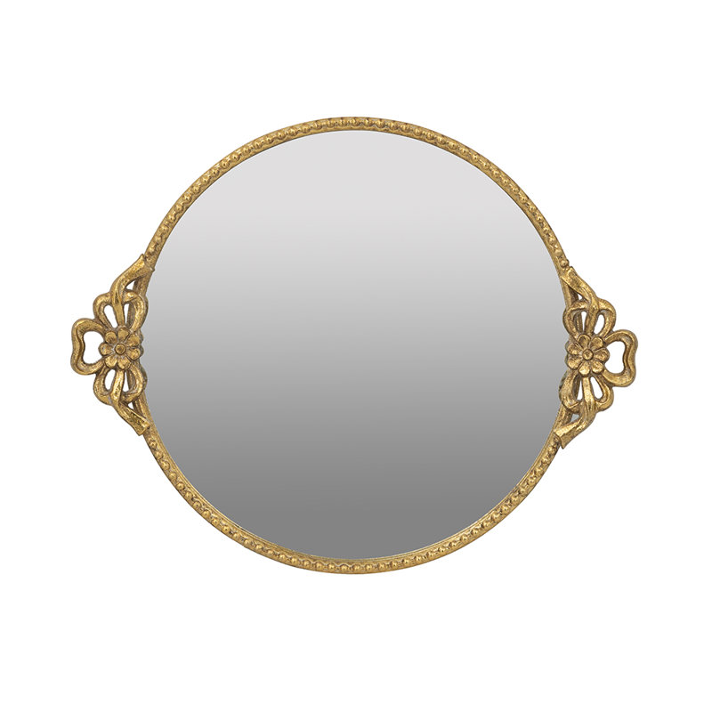 Plateau rond en fer avec cadre doré orné et surface en miroir