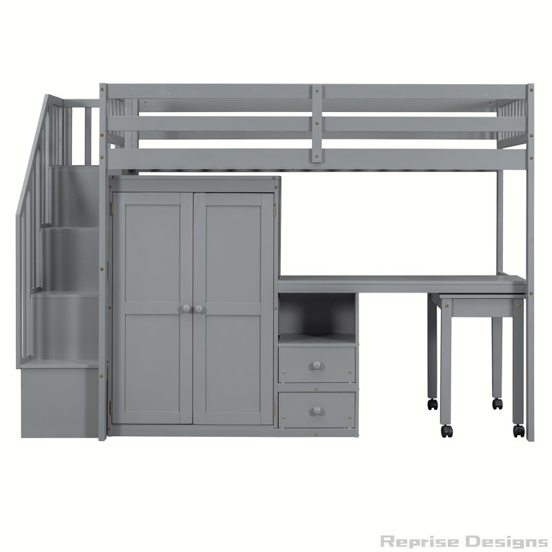 Desk & Wardrobe – Space-Saving Multifunctional Loft Bed, Grey, Twin