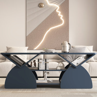 Table basse rectangulaire bleue avec coins arrondis, 6 espaces de rangement, facile à assembler, pour les tablettes ouvertes en bois d'ingénierie, rangement indépendant, bords, salle de réception