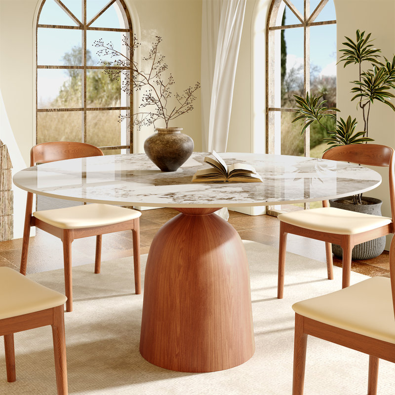 Table de salle à manger ronde de style Mid-Century moderne, plateau en pierre frittée de 39 po / 43 po / 53 po / 59 po, base en bois massif, table de cuisine de ferme, résistante aux taches et aux égratignures