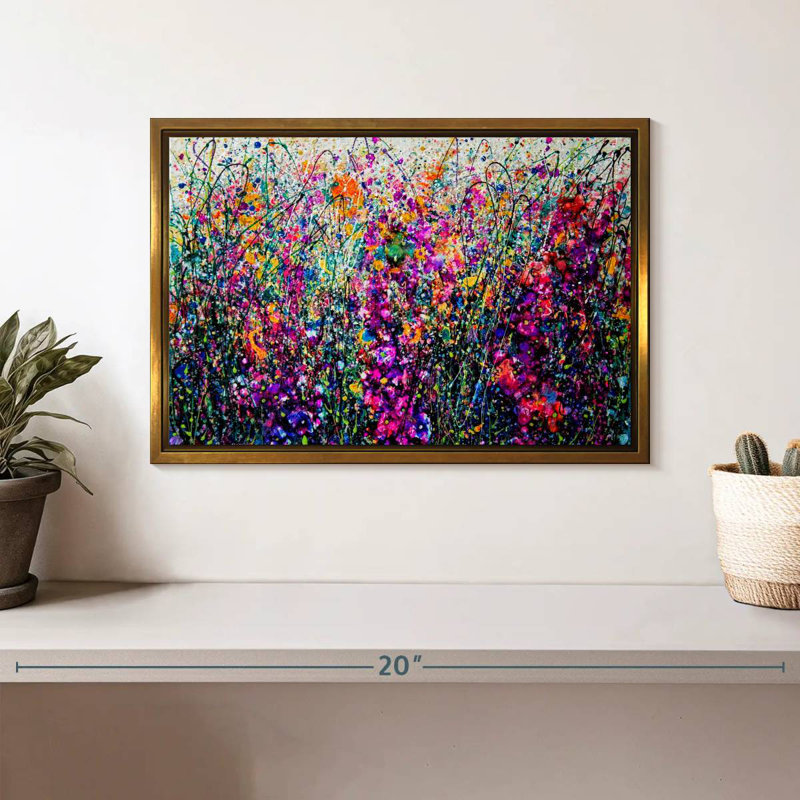 Hollyhocks Inspired By Pollock, Floating Frame Gold, 13" X 9"