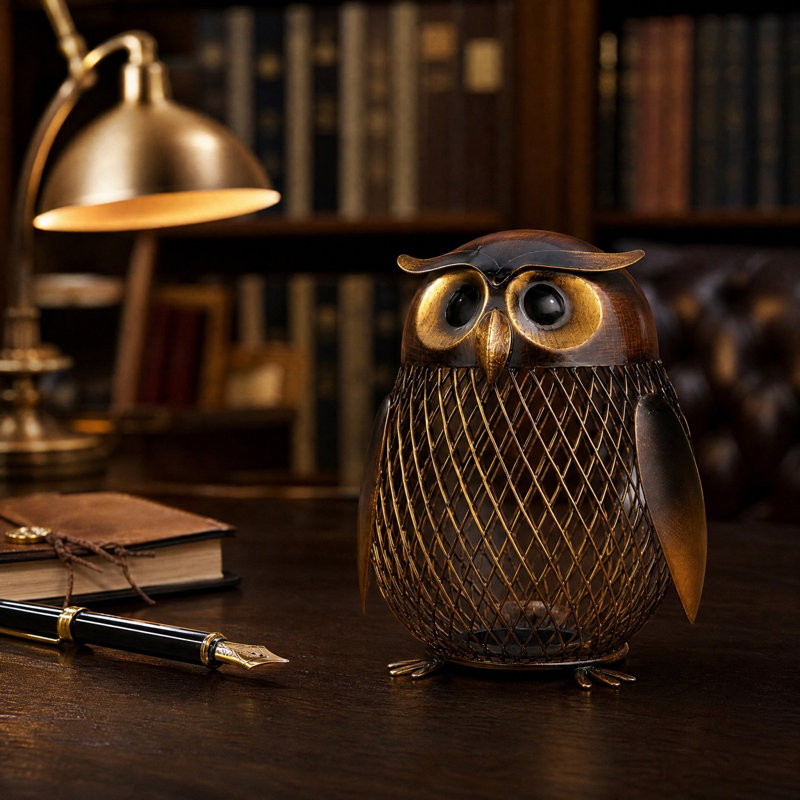 Pot de rangement en métal en forme de hibou, style vintage, avec éclairage souterrain, en fer forgé, pour pièces de monnaie. Décoration et ornements pour la maison.