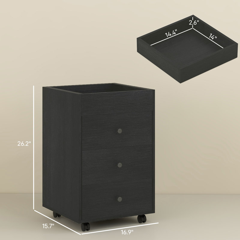 Armoire de rangement de bureau en noyer foncé avec 3 tiroirs et plateau amovible. Roulettes sous le bureau pour un bureau à tiroirs optimisé et transformateur. Organisation du plateau. Mobilité moderne et progressive