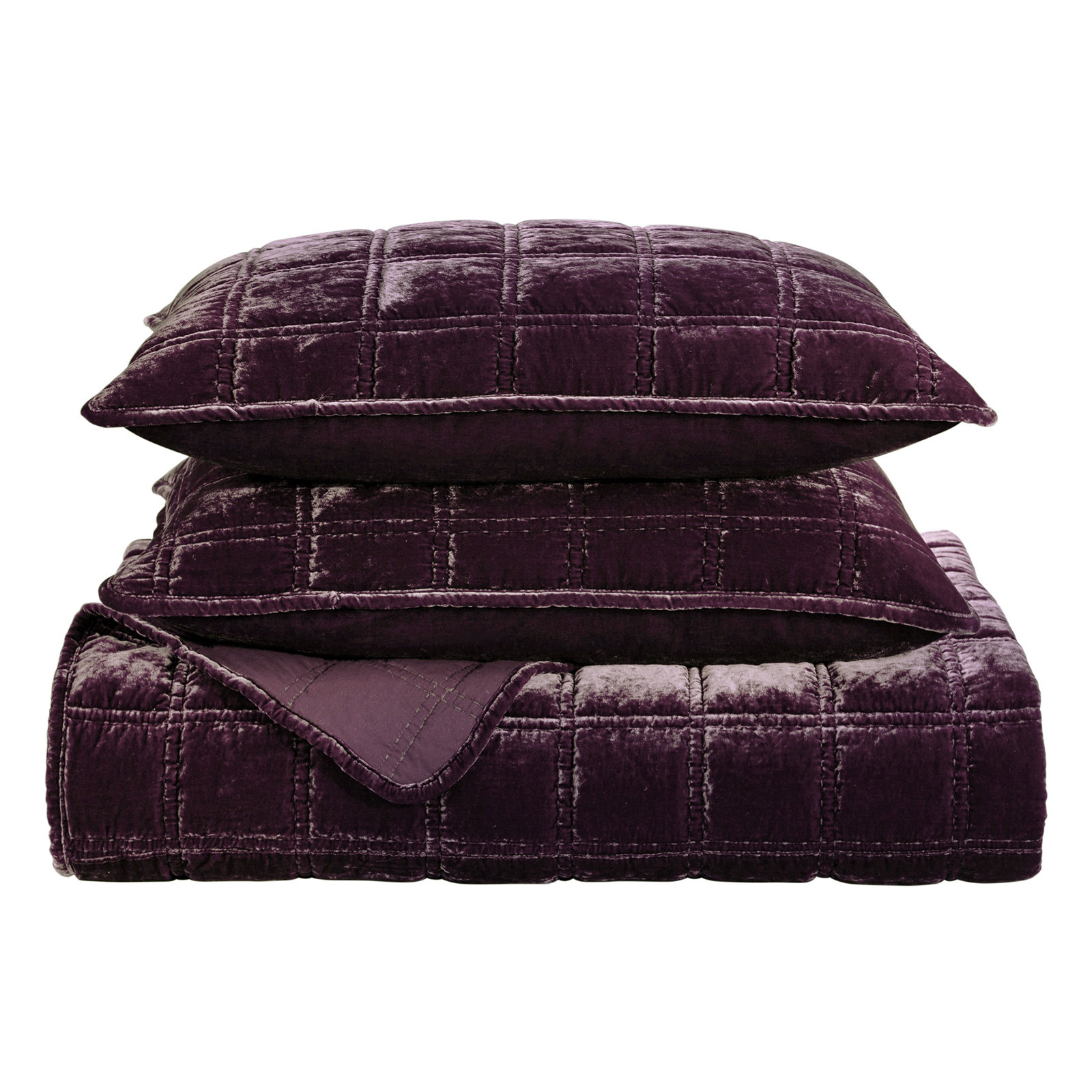Stella Faux Silk Double Box Stitch Classic Chic Casual Modern Rustic Quilt Set, King Quilt + 2 King Pillowcases, Dark Violet