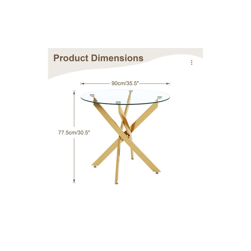 Table de salle à manger 35,5 po - pieds dorés, verre trempé 8 mm, Doré