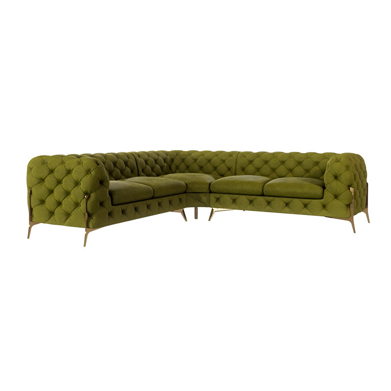 Chesterfield Corner Sofa L-Shape  with Gold Metal Legs, Olive