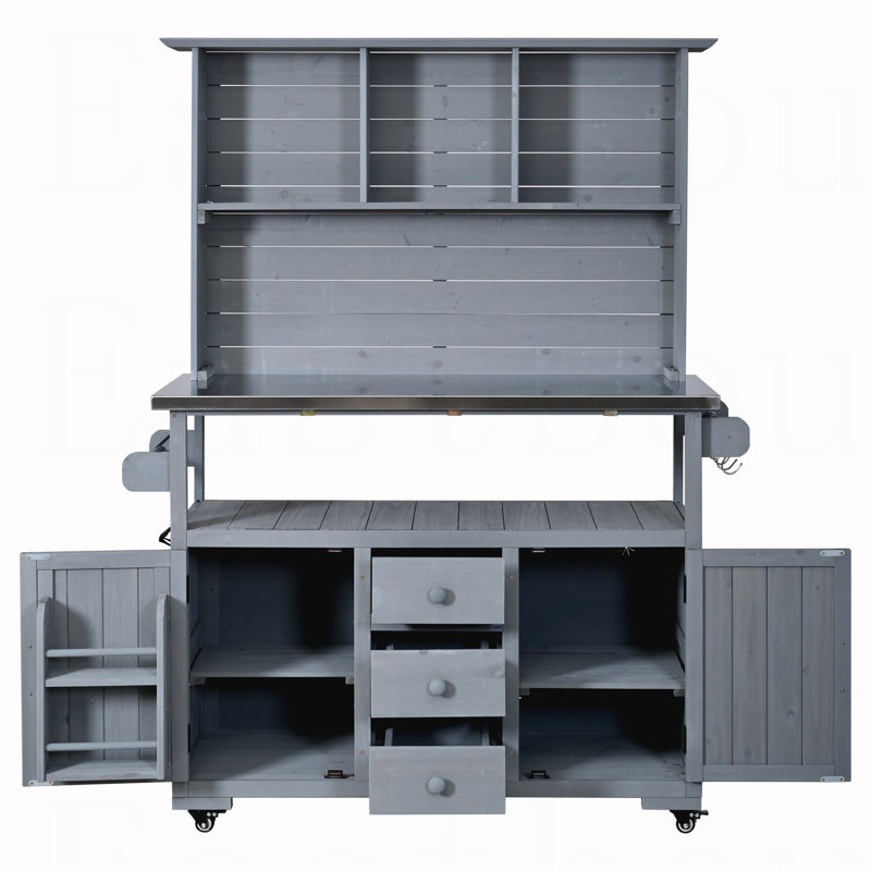 65''H Large Garden Storage Potting Bench with Lockable Wheels, Wood Outdoor Kitchen Island with Stainless Steel top, Drawers, Door Shelves and Hutch for Grilling, Gray
