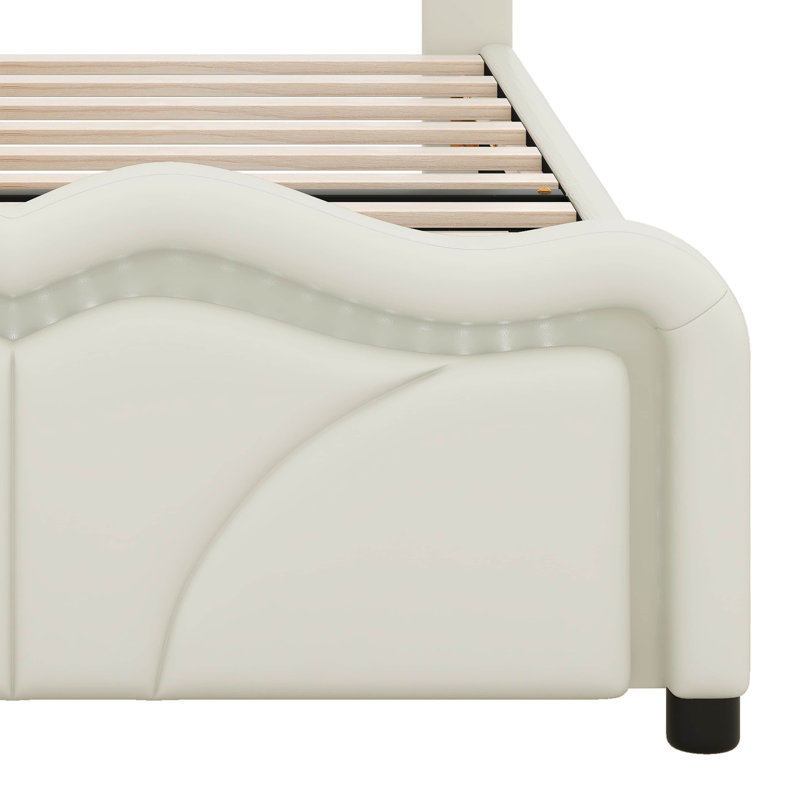 Upholstered Platform Bed With Curve Shaped, White, Twin