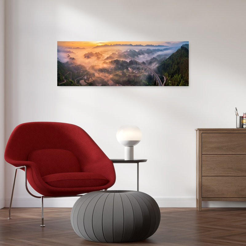 «Golden Valley Highway Sunrise Dramatic Peaceful Serene Forest Landscape», art mural, H 12 po x l 36 po
