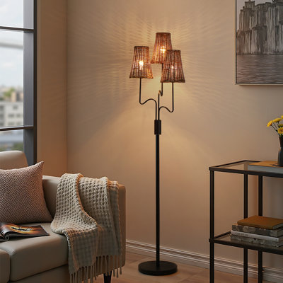 68 Inch 3-Light Dimmable Tree Floor Lamp, Handwoven Woven Rattan Shades