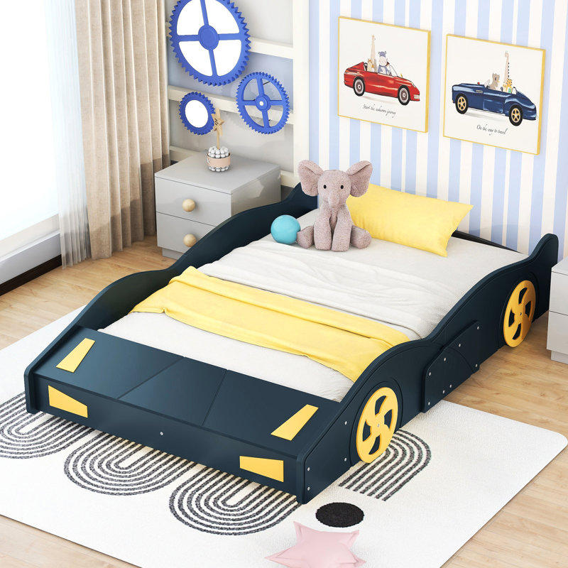 Lit plateforme pour voiture de course double avec rangement - Bleu foncé et bois massif + roues pour plus de confort