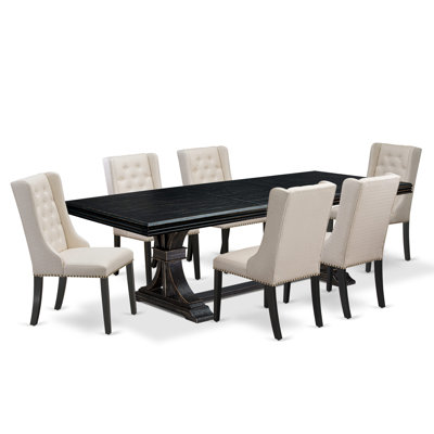 7-piece dining set consists of a breakfast table and 6 Cream Linen Fabric kitchen chairs & black legs with Button Tufted Back - Sand Blasting Black finish.