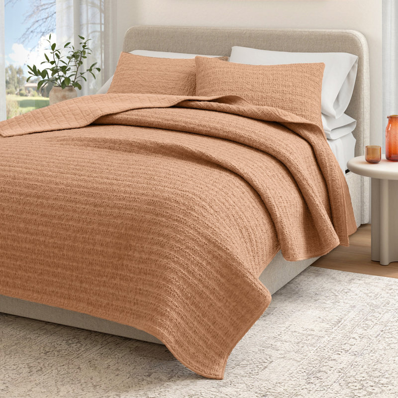 Ensemble de courtepointe et couvre-oreiller 100% coton délavé en nid d'abeille gaufré, Argile