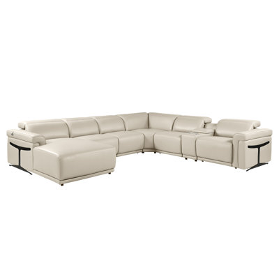 Beige Left-Facing  7-Piece L-Shaped Sectional In Top-Grain Italian Leather With 2 Power Recliner & Adjustable Headrests