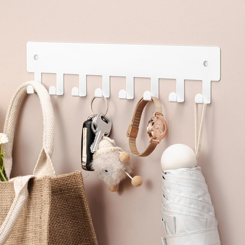 Metal Wall Organizer with Key Hooks, White