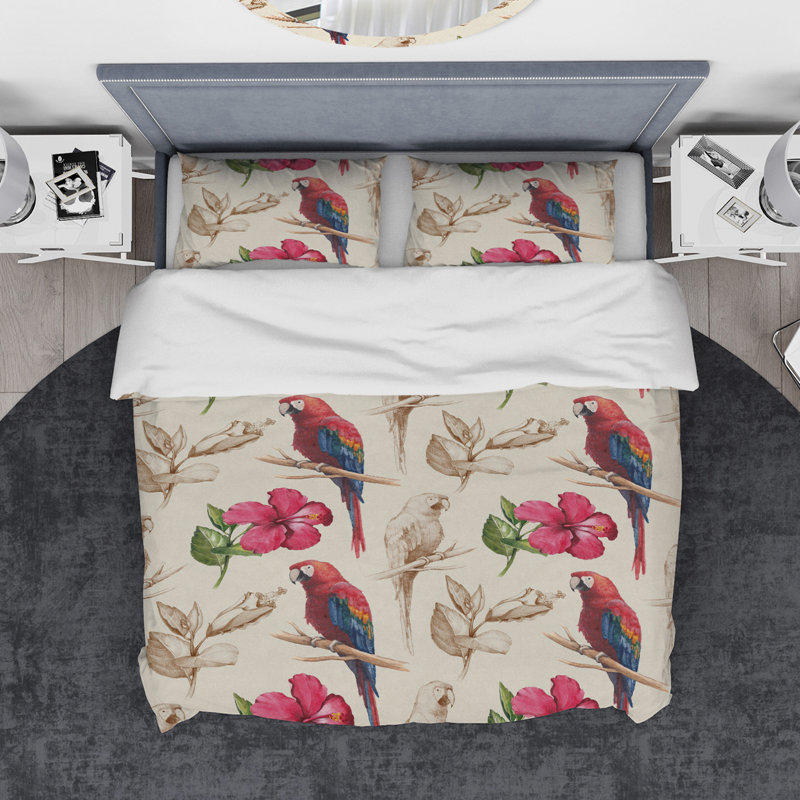 Ensemble de housse de couette Designart Macaw Parrot et Hibiscus, Housse de couette très grand + 2 taies décoratives
