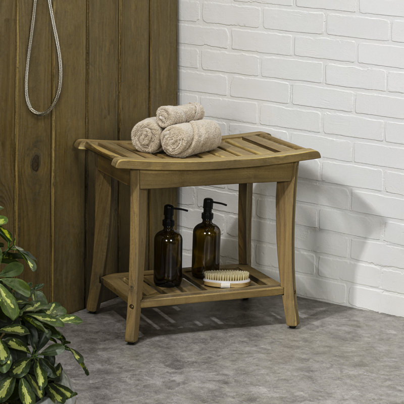 Banc de douche Tucker Modern en teck clair de 22 po avec tablette de rangement et tabouret de spa à 2 niveaux résistant à l'eau pour la salle de bain et l'extérieur