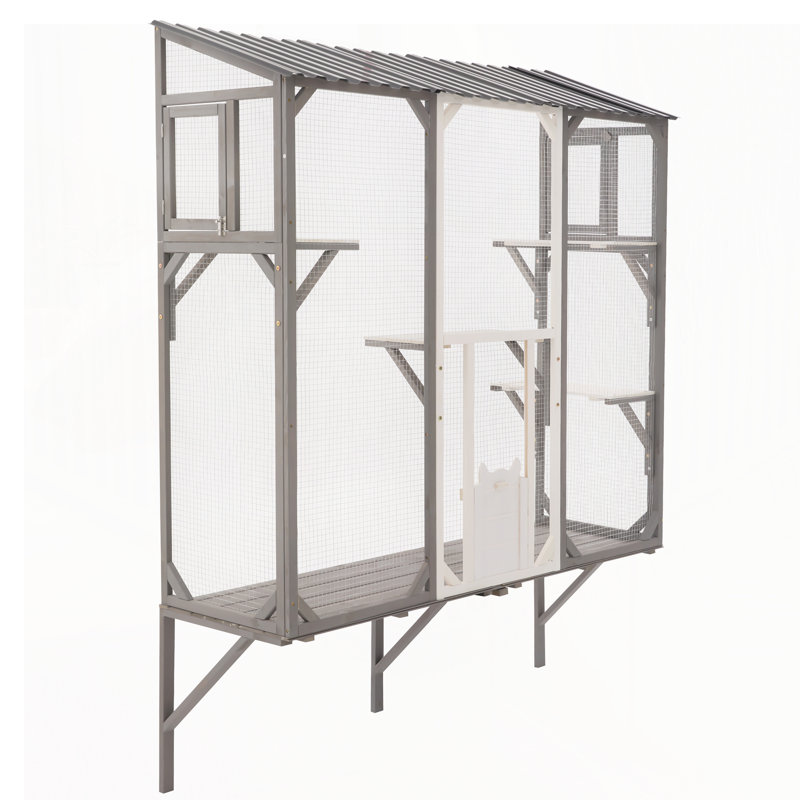 Enceinte d'extérieur Catio avec toit, grand parc pour chat en bois avec plateformes, Gris / Blanc