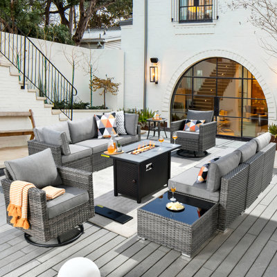 "8 - Person Patio Furniture Set With Swivel Rockers, Outdoor Wicker Rattan Sectional Seating Group With Cushions, All Weather Sofa Conversation Set With Fire Pit Table For Garden Backyard "