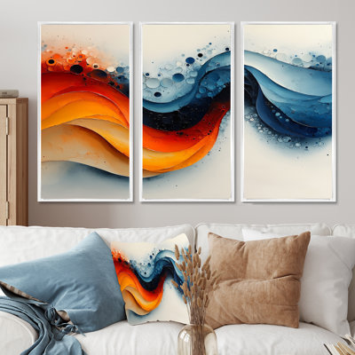 Fugue abstraite blanche et bleue en couleur III - art abstrait spirales murales pour le salon - ensemble de 3