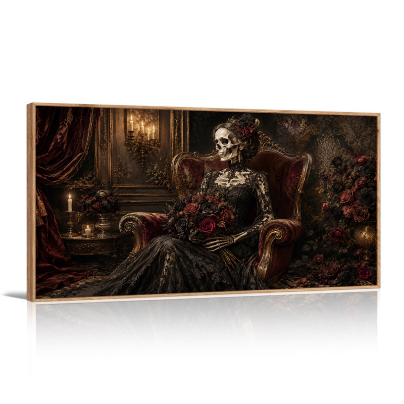 Dame squelette en robe de dentelle noire tenant une toile rouge d'Halloween, 58“W x 28”H