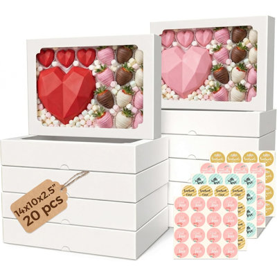 20 boîtes à biscuits avec fenêtre de 14 x 10 x 2,5 pouces, grandes boîtes de boulangerie, boîte à friandises à dessert automatique, fraises recouvertes de chocolat, cœur cassable, pâtisseries, Cajas Para Postres avec 80 autocollants