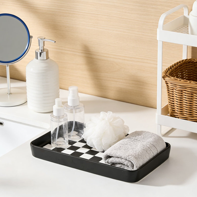 Plateau de coiffeuse en céramique à carreaux texturés - Organisateur de comptoir et de salle de bain imperméable pour savon, parfum, éponge et articles essentiels
