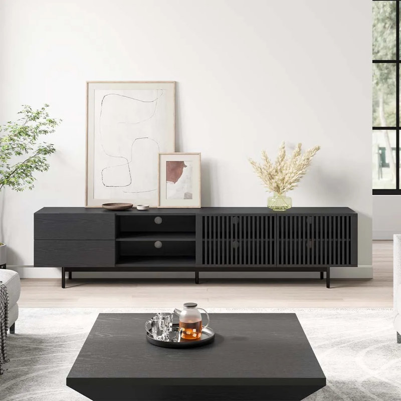 Meuble télé Mid-Century moderne pré-assemblé, Noir, H 21,65 po x L 94,49 po x l 15,75 po