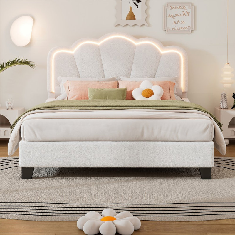 Lit double tapissier pleine grandeur avec tête de lit élégante Lumières DEL, aucun sommier requis, support de lattes en bois robuste