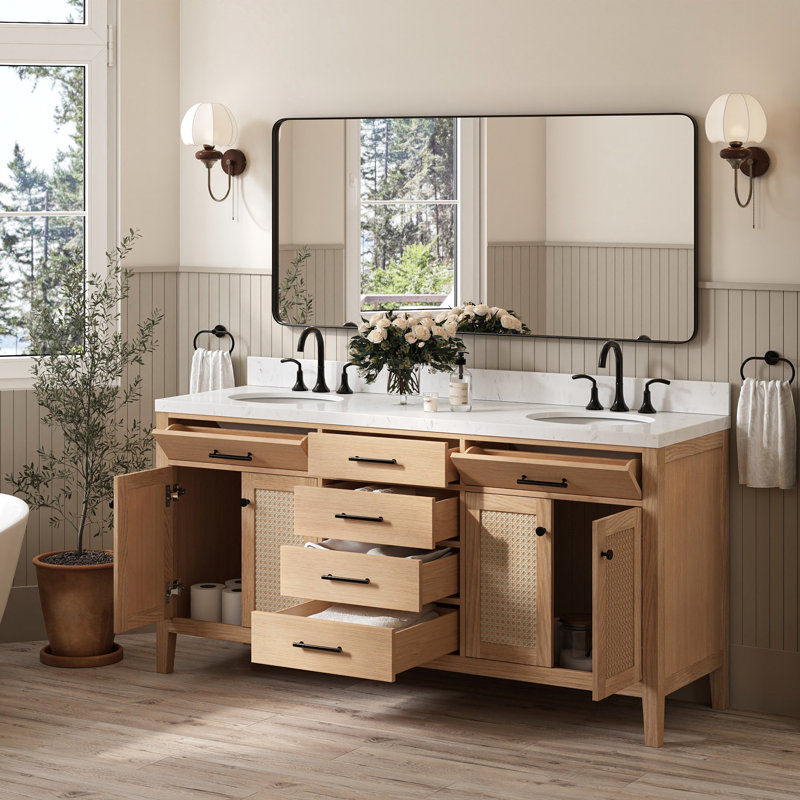 Broeder 72.25 Double Sink Bathroom Vanity with Carrara White Quartz Top, Oval