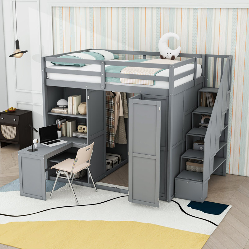 Lit mezzanine double en bois avec garde-robe, tablettes et bureau intégré, Gris