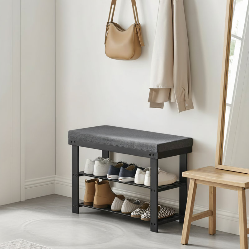 Three-Tier Bamboo Shoe Storage Bench, Suitable For Entryways And Living Rooms, 300 Lb Load-Bearing Capacity, Available In Dark Black And Slate Gray.
