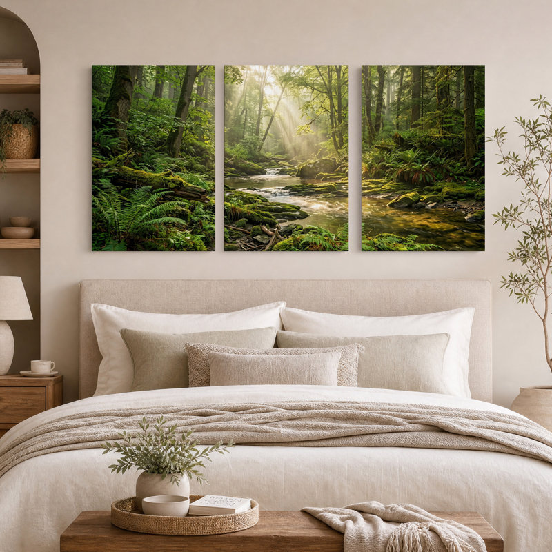 Mossy Forest Stream avec rayons de soleil et fougères, ensemble de 3 toiles, H 24 po x l 16 po x 3 pièces